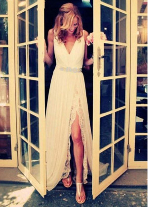 V Neck Ivory Chiffon Lace Split Front Beach Wedding Dress
